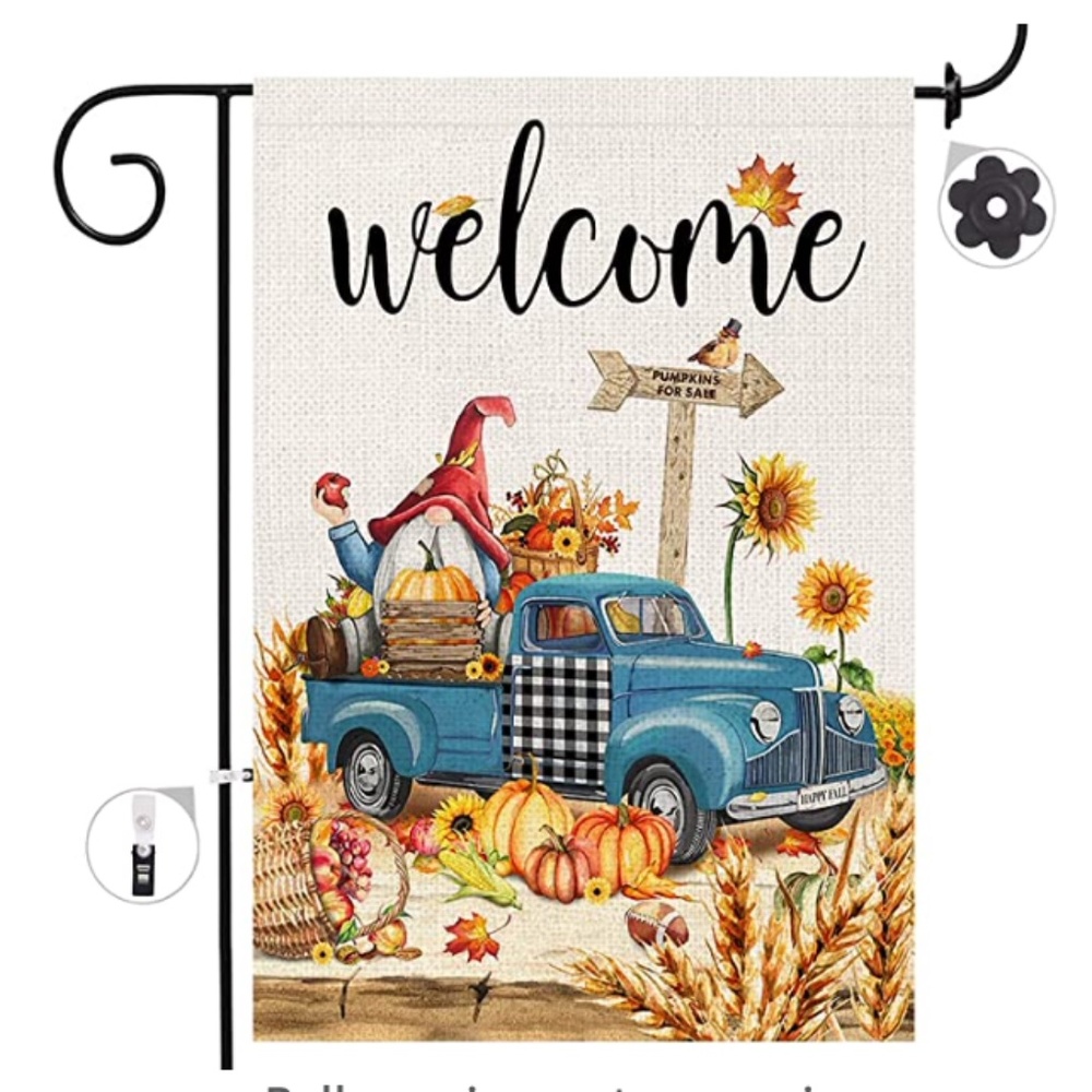 12x18 Double Sided Gnomes Old Blue Pickup Truck Sunflower Welcome Garden Flag